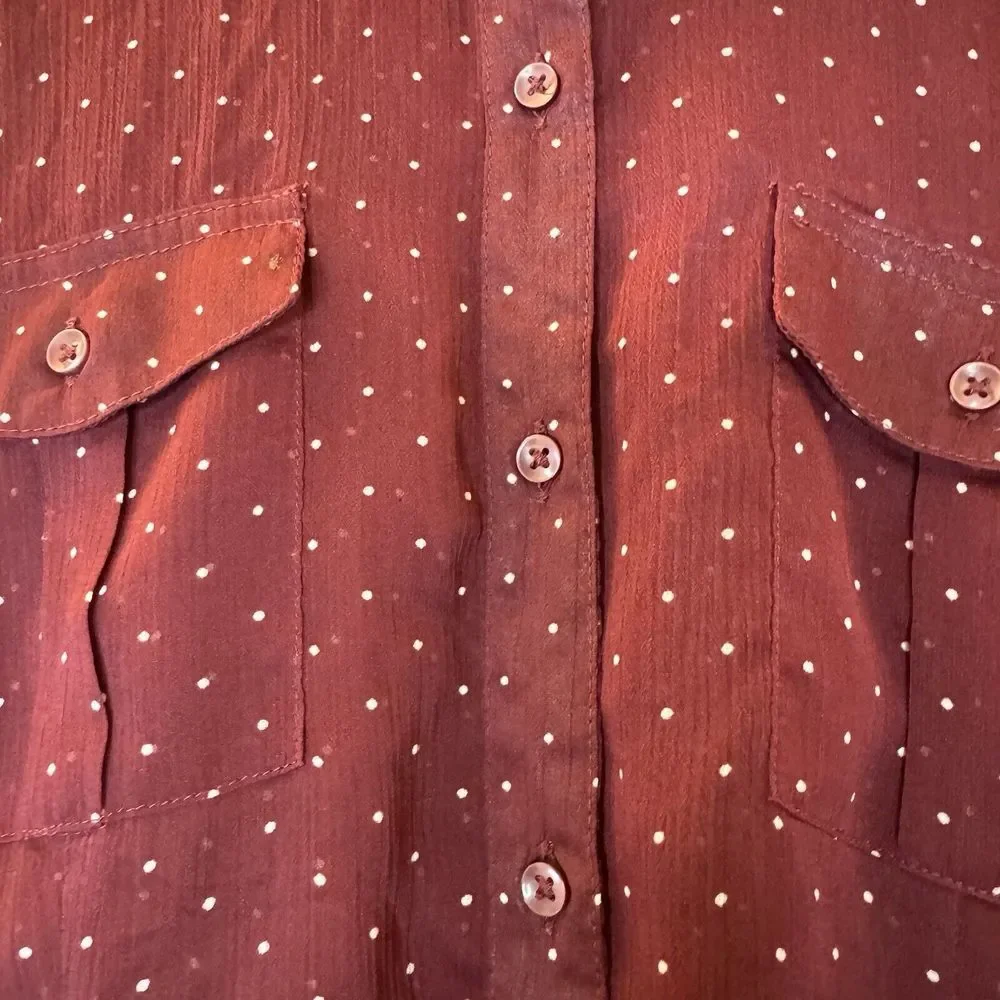 Eddie Bauer L Burgundy Long Sleeve Semi‎ Sheer Blouse Button Up Polka Dots - Picture 4 of 16